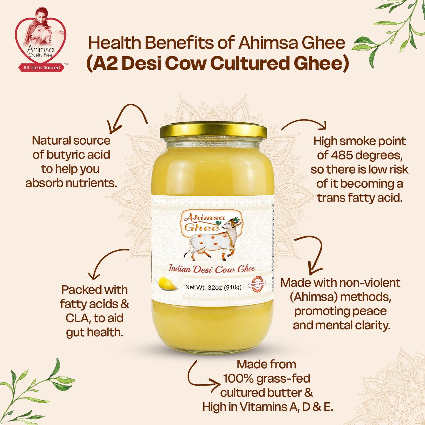Ahimsa Pure A2 Desi Cow Cultured Ghee, 32oz