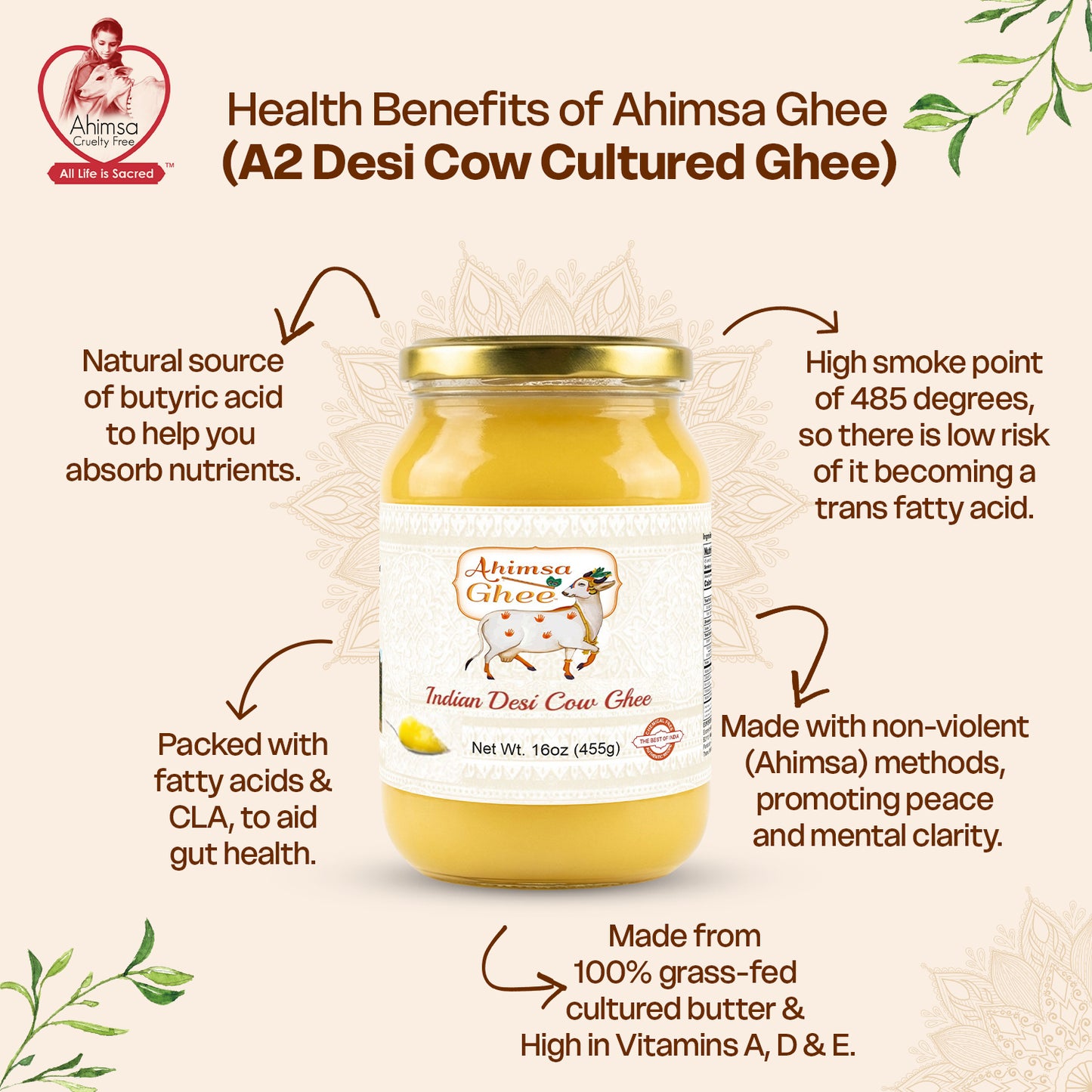 Ahimsa Pure A2 Desi Cow Cultured Ghee, 16oz