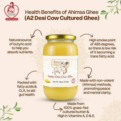 Ahimsa Pure A2 Desi Cow Cultured Ghee, 32oz
