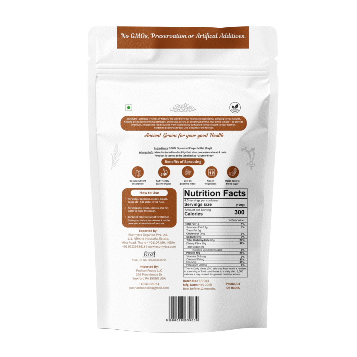 Ecomytra Sprouted Finger Millet (Ragi) Flour (1 lbs)