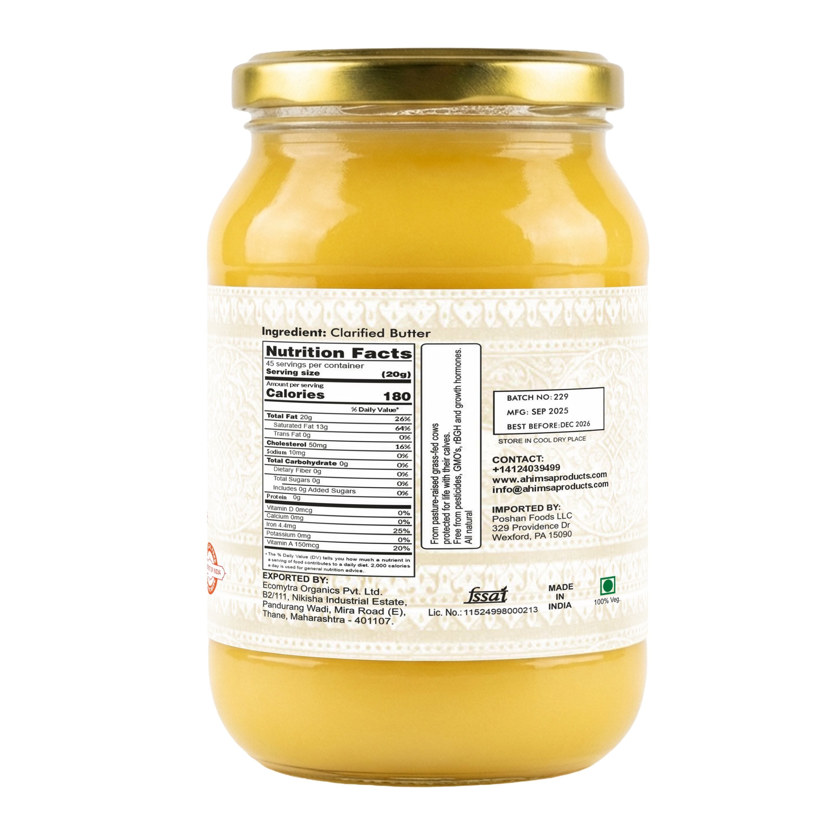 Ahimsa Ghee - Pure Indian Desi Cow A2 Cultured Ghee, 16oz