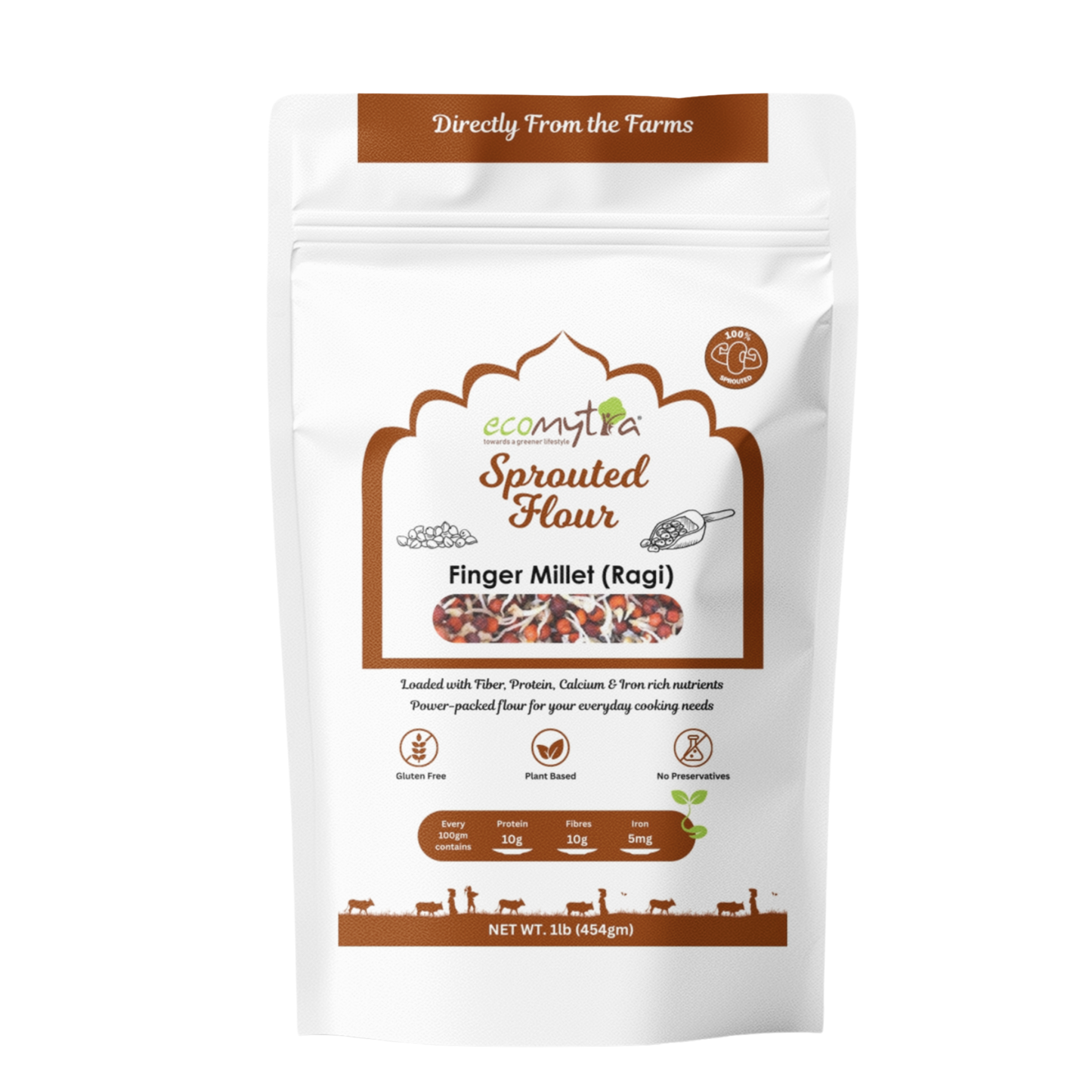 Ecomytra Sprouted Finger Millet (Ragi) Flour (1 lbs)