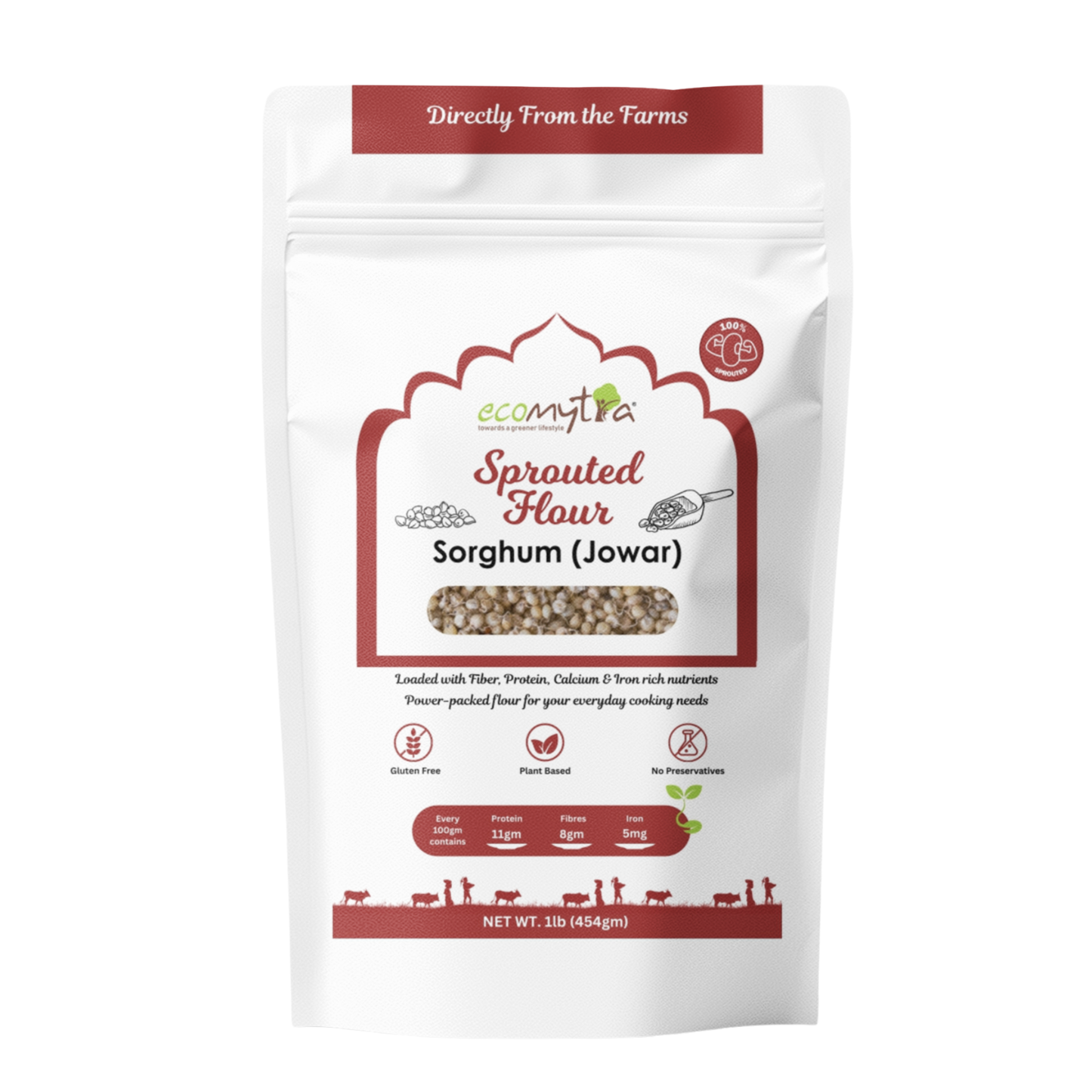 Ecomytra Sprouted Sorghum Millet (Jowar) Flour (1 lbs)