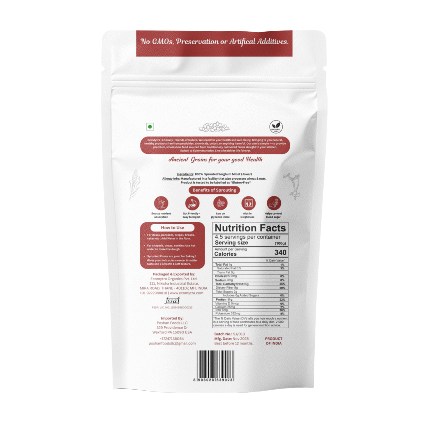 Ecomytra Sprouted Sorghum Millet (Jowar) Flour (1 lbs)