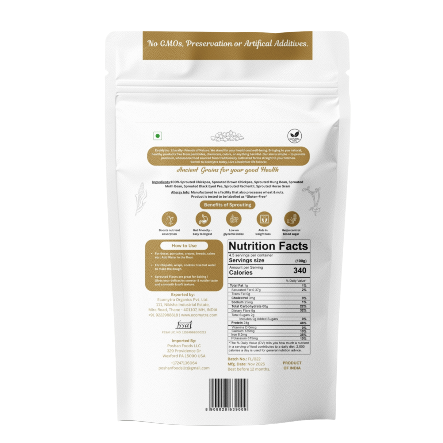 Ecomytra Super Legumes Mix Sprouted Flour (1 lbs)