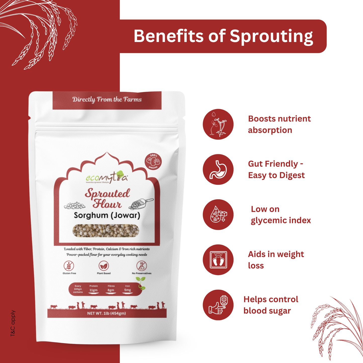 Ecomytra Sprouted Sorghum Millet (Jowar) Flour (1 lbs)