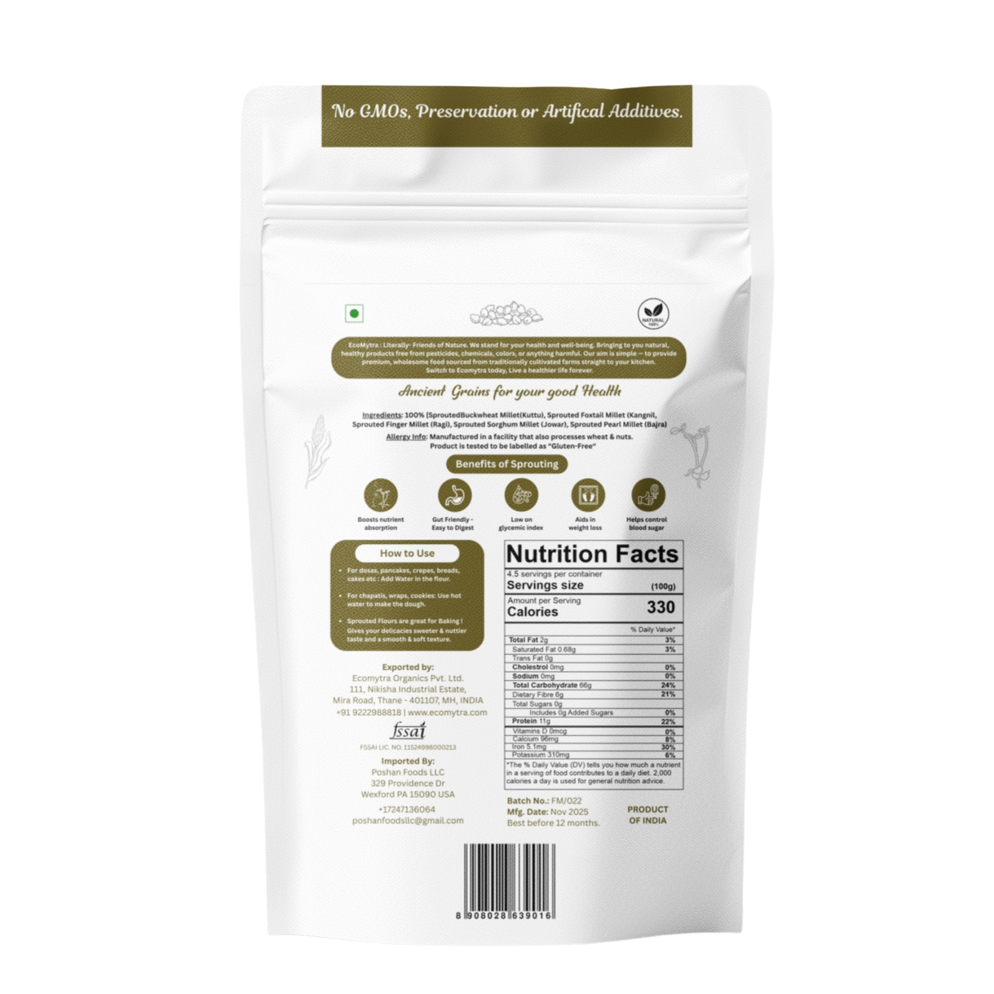 Ecomytra Super Millets Mix Sprouted Flour (1 lbs)