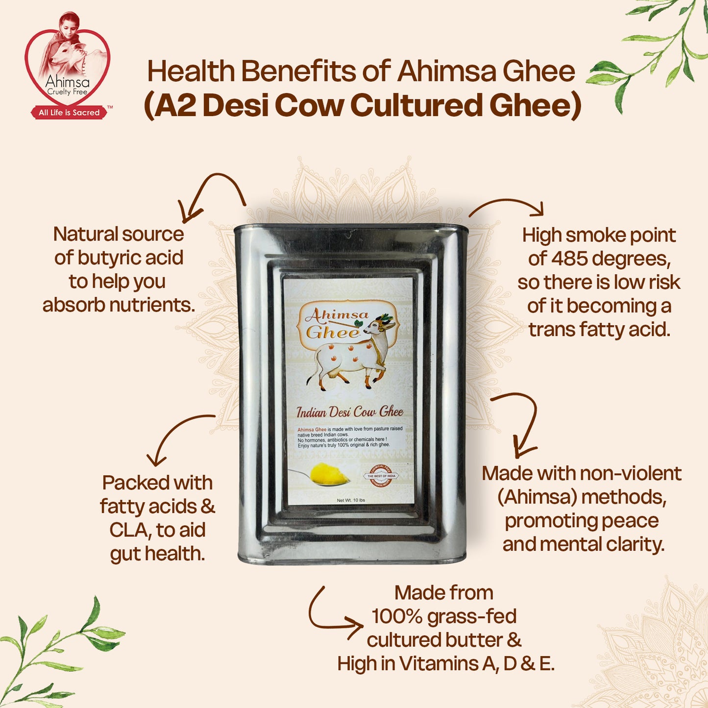 Ahimsa Pure A2 Desi Cow Cultured Ghee (10 lbs)