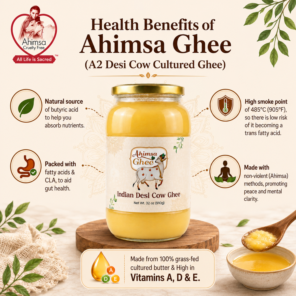 Ahimsa Ghee - Pure Indian Desi Cow A2 Cultured Ghee, 32oz