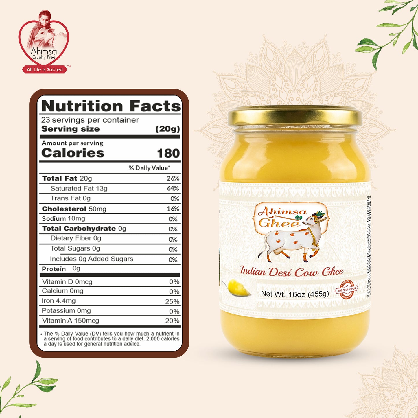 Ahimsa Pure A2 Desi Cow Cultured Ghee, 16oz