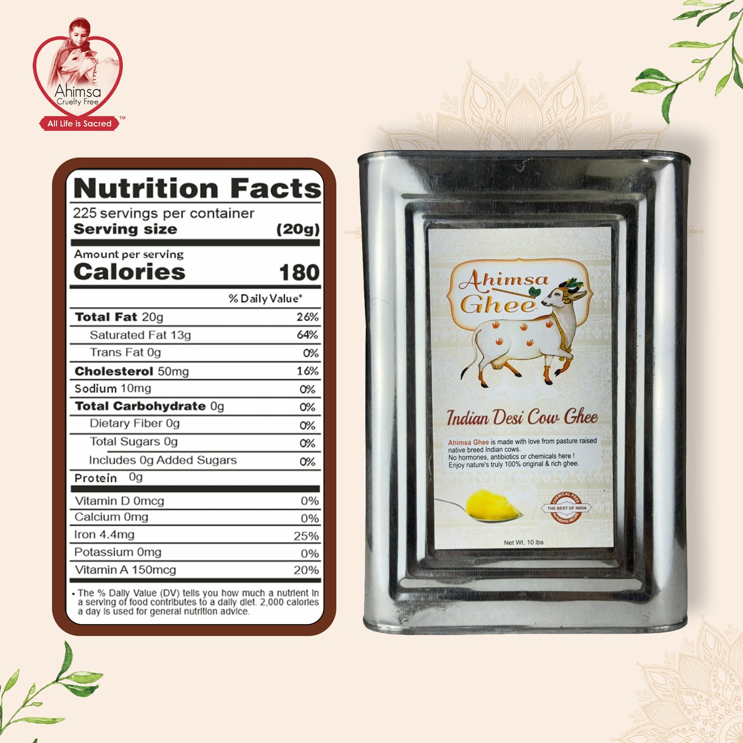 Ahimsa Pure A2 Desi Cow Cultured Ghee (10 lbs)