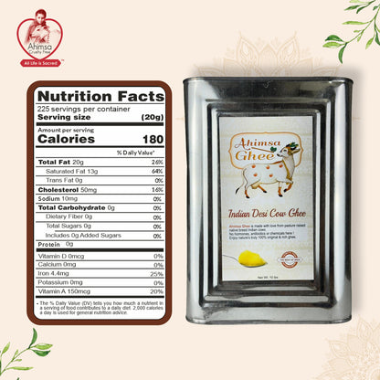 Ahimsa Ghee container with nutrition facts label on a light background